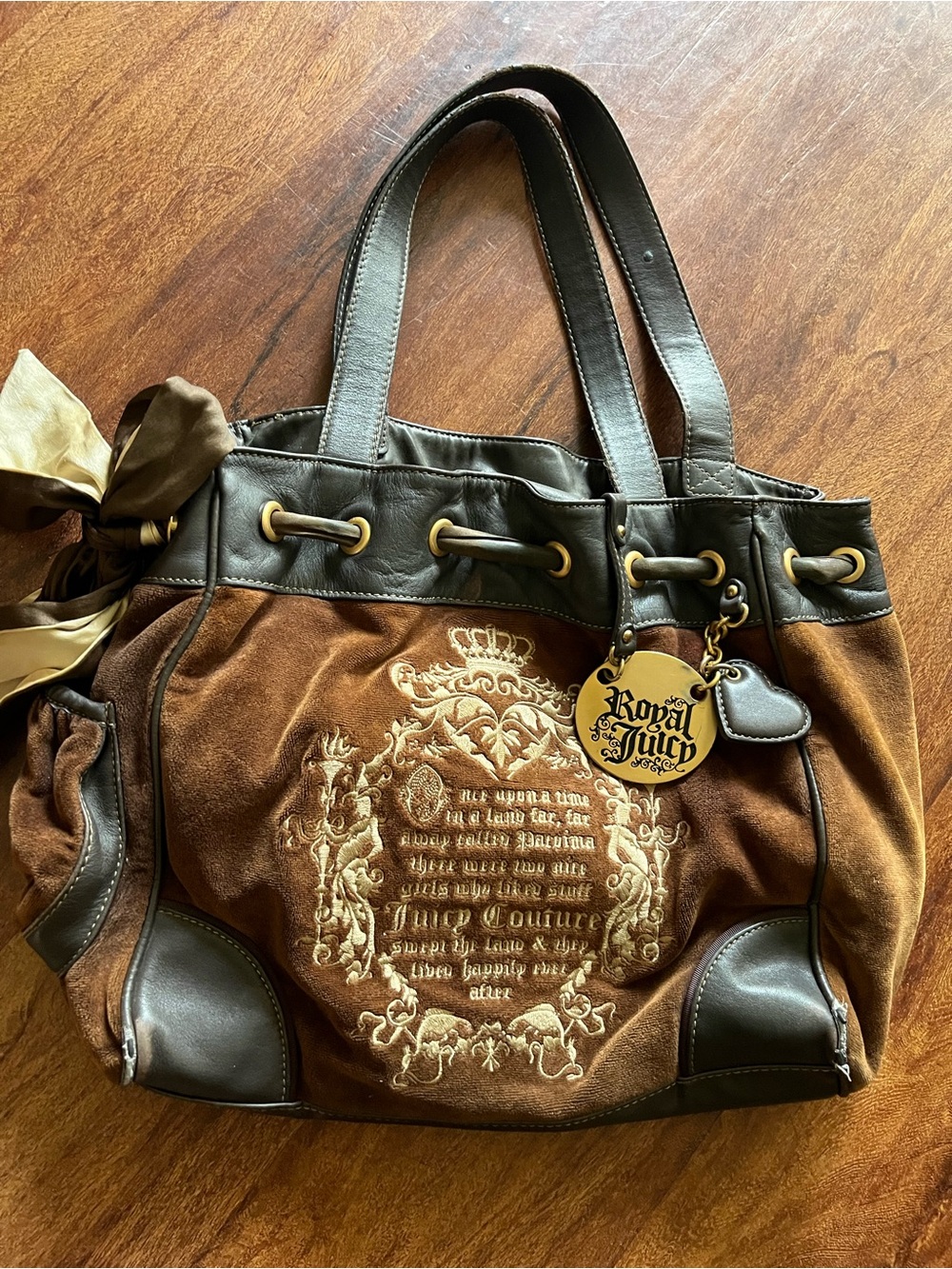 Vintage Y2K Daydreamer Royal Juicy Couture Brown Velour Leather Trim Crest Bag